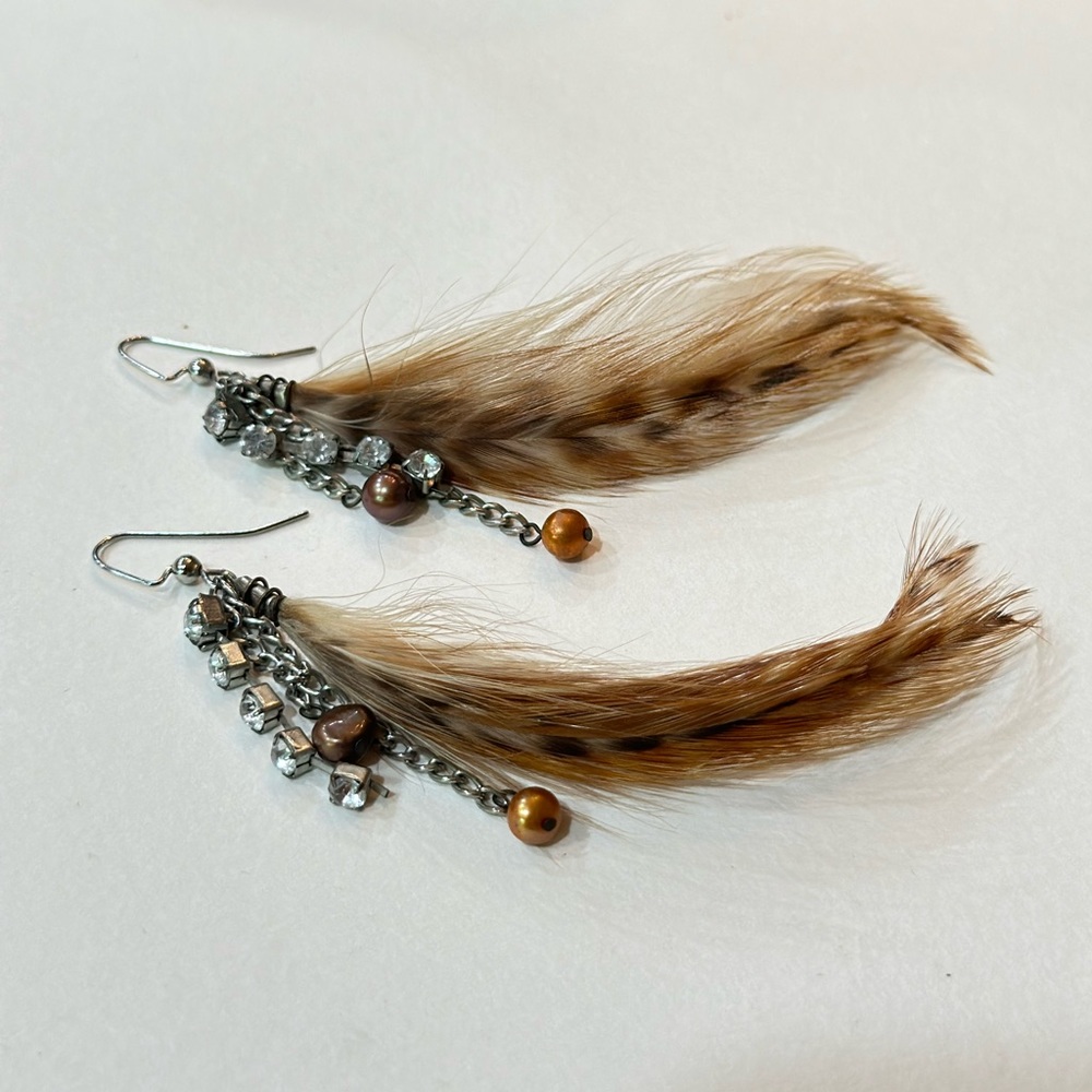 Handmade, bohemian, gently used, feather, pearl, and rhinestone dangle earrings.